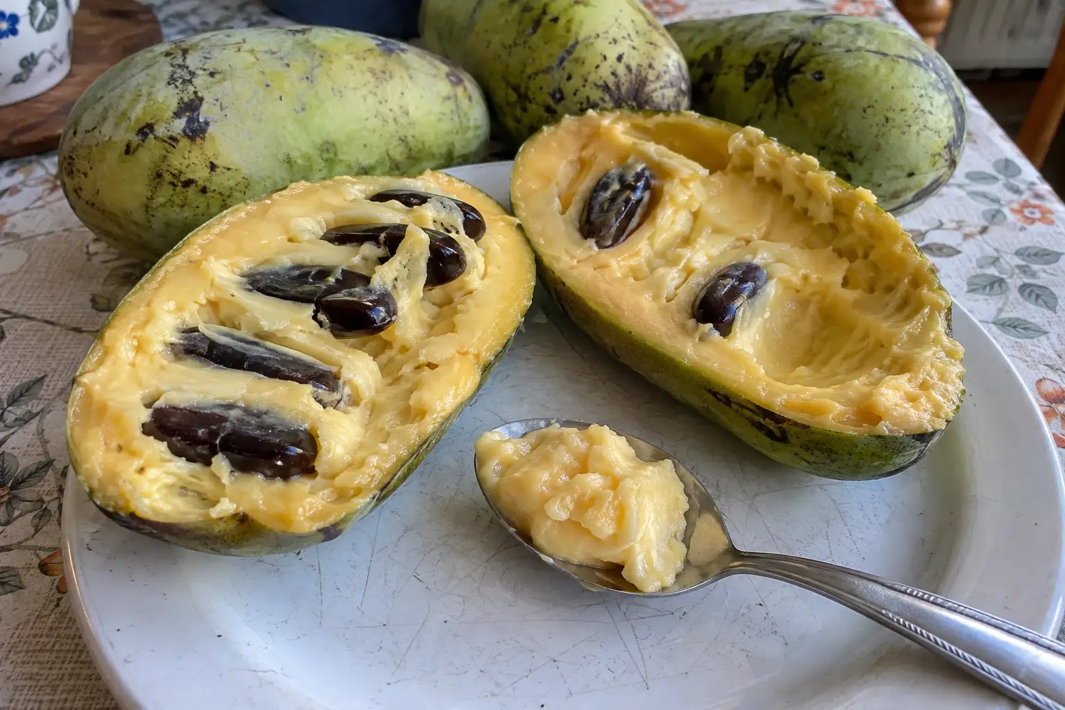 Розрізаний стиглий плід азиміни з кремовою м’якоттю